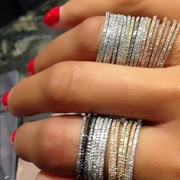 NEW! 18K Yellow Gold Plated Inlaid Diamond Half Circle Stacking Eternity Band - Picture 8 of 11